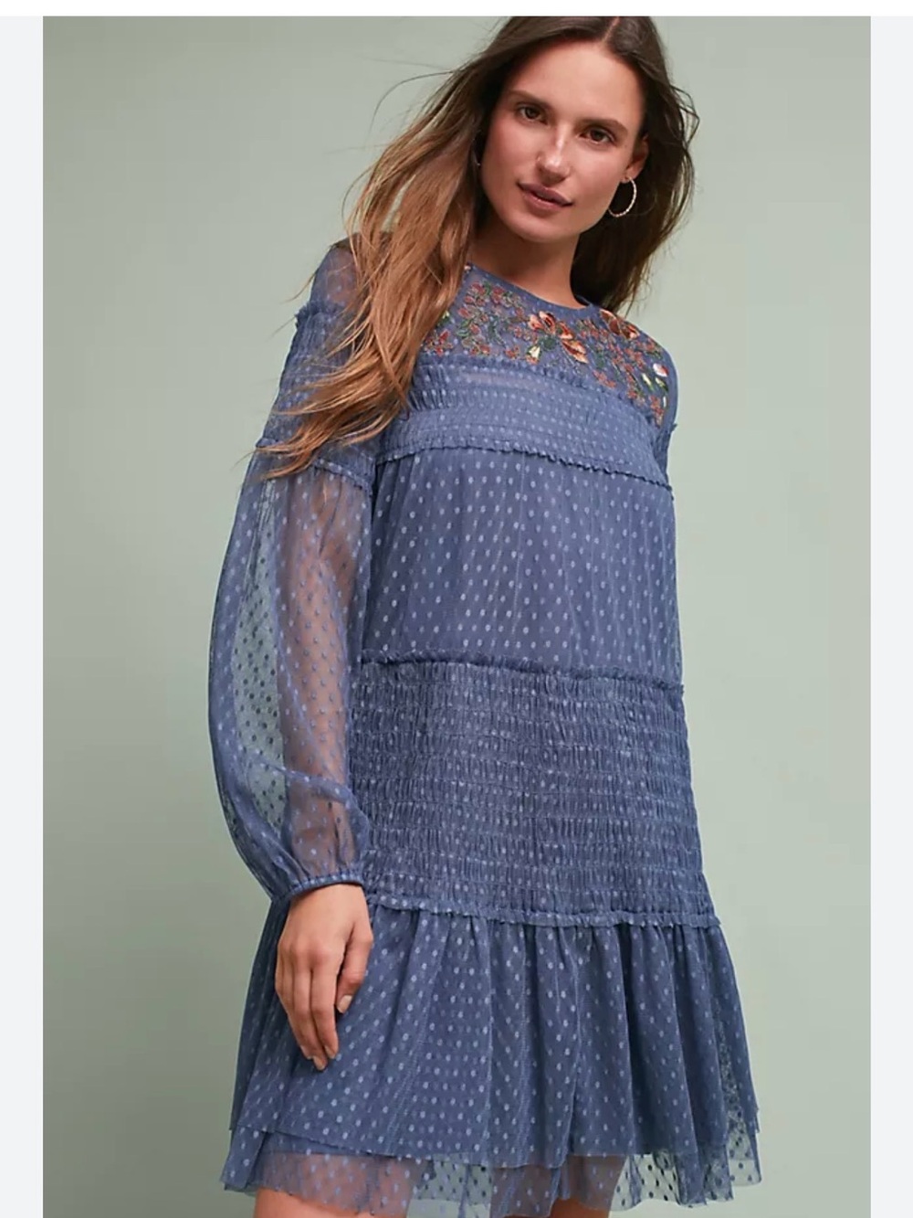 Maeve Dusty Blue Embroidered Long-Sleeve Tiered Dress